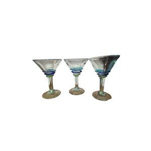 Set of 3 Hand Blown Recycled Glass Martini Glasses Blue Green Swirl Stem